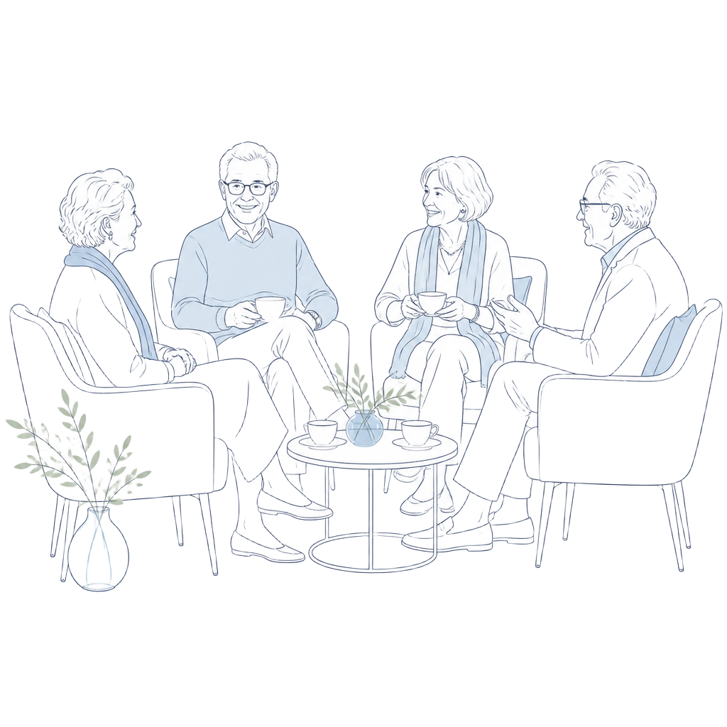 Line illustration of older adults sitting together in conversation