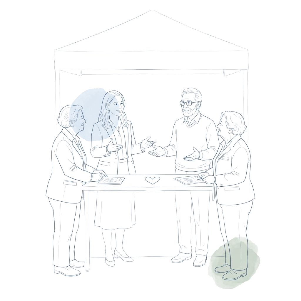 Line illustration of our team and a psychotherapist speaking with older adults at an information booth
