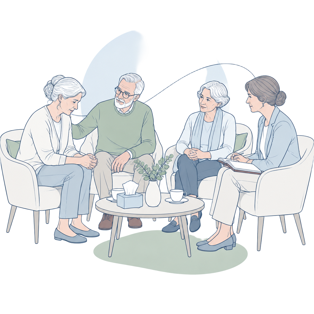 Line illustration of older adults seated in a supportive discussion circle with a psychotherapist
